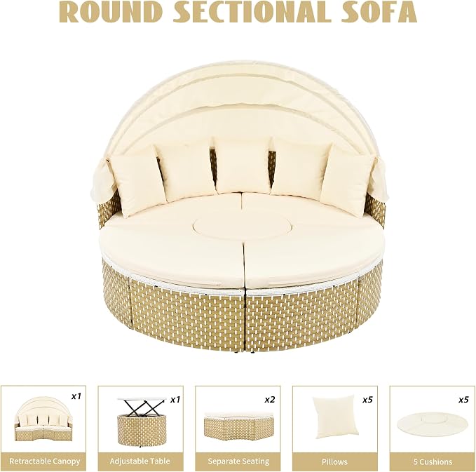 Merax Patio Furniture Round Outdoor Sectional Sofa Set, Rattan Daybed Two-Tone - Image 3