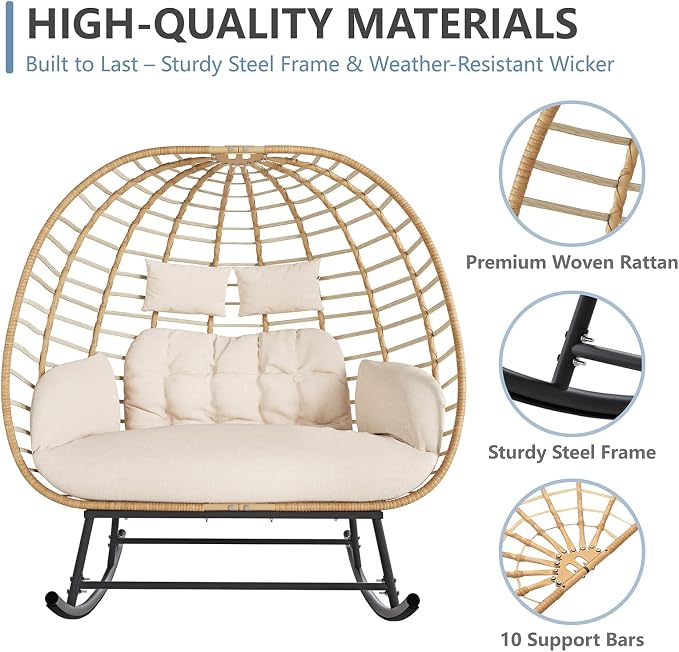 SWITTE Double Wicker Egg Rocking Chair Outdoor, Indoor Egg Swing Loveseat - Image 6