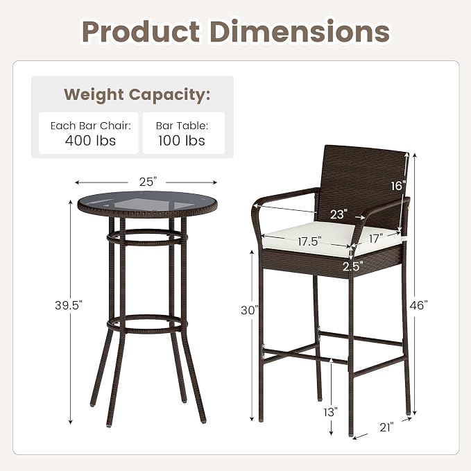 Tangkula 3 Piece Outdoor Bar Set, Patio Rattan Heavy Duty Bar Height Glass Top - Image 9