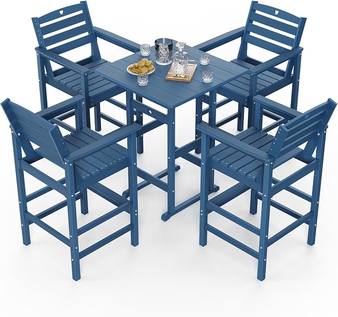 5-Piece Bar Height Outdoor Table and Chairs Set, HDPE Wood Grain Patio Bar - Image 8