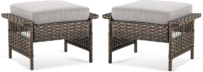 Patio Ottomans 2 Piece Outdoor Wicker Ottomans PE Rattan Footrest by Bellefurn