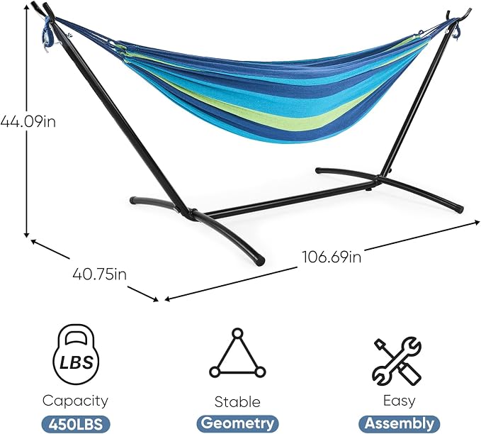 DUMOS Double Hammock with Space Saving Stand, Heavy Duty Steel Frame, Portable - Image 3