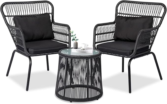 3 Piece Outdoor Wicker Furniture Bistro Set, Rattan Chairs Conversation Sets by HOMEZILLIONS