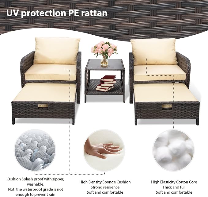 LEVELEVE Balcony Furniture 5 Piece Patio Conversation Set, PE Wicker Rattan - Image 7