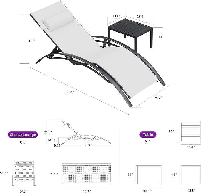 PURPLE LEAF Patio Chaise Lounge Set of 3 Outdoor Lounge Chair Beach Pool - Image 2