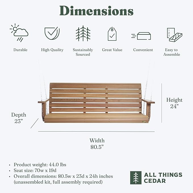 All Things Cedar Wooden Porch Swing, Outdoor Patio Furniture, 6 Foot - Image 3