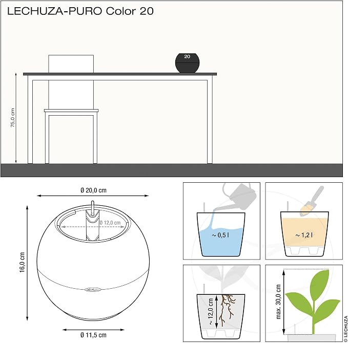 Lechuza Puro Color 20 Slate, Self-Watering Small Indoor Planter, D7.9 H6.3 in - Image 4