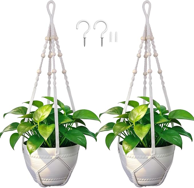 Macrame Plant Hanger, Wood Beads Cotton Hanging Planter Holder by Unknown