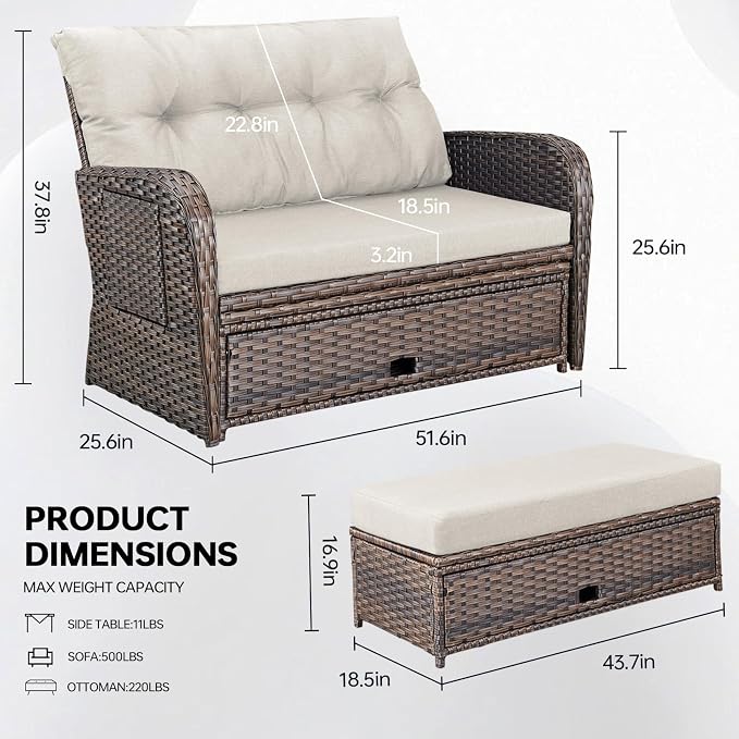 Patio Rattan Daybed, Wicker Recliner Loveseat - Image 2