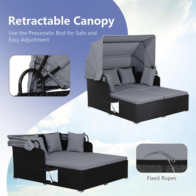 COSTWAY Outdoor Daybed with Retractable Canopy, Wicker Patio Furniture Set with - Image 2