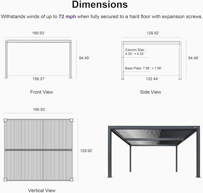 PURPLE LEAF Louvered Pergola 94AS 11' x 14' Outdoor Aluminum Pergola - Image 6