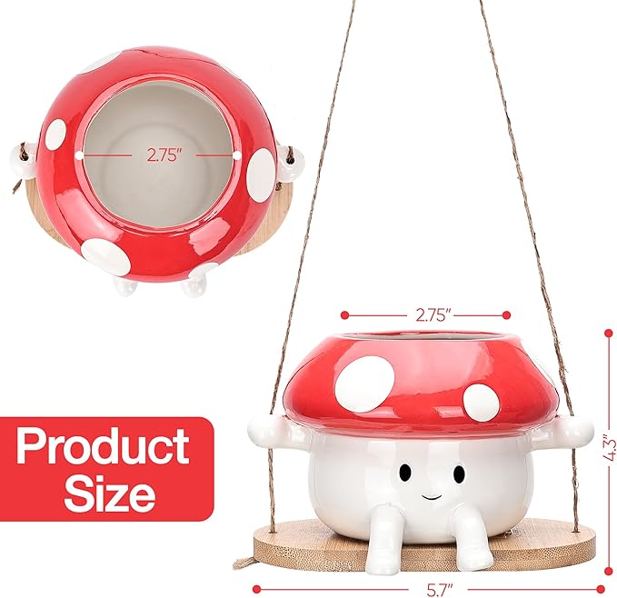 Fungi Fun Mushroom Hanging Planter Pot, Cute Ceramic Swing Face Planter - Image 3