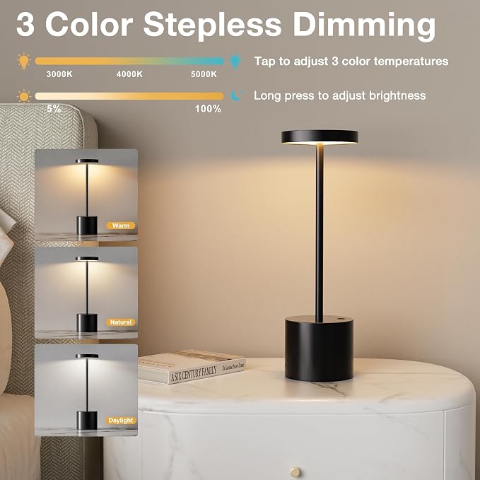 Black Cordless Table Lamp, 4000mAh Rechargeable Battery Powered Lamps, 3 Color - Image 3