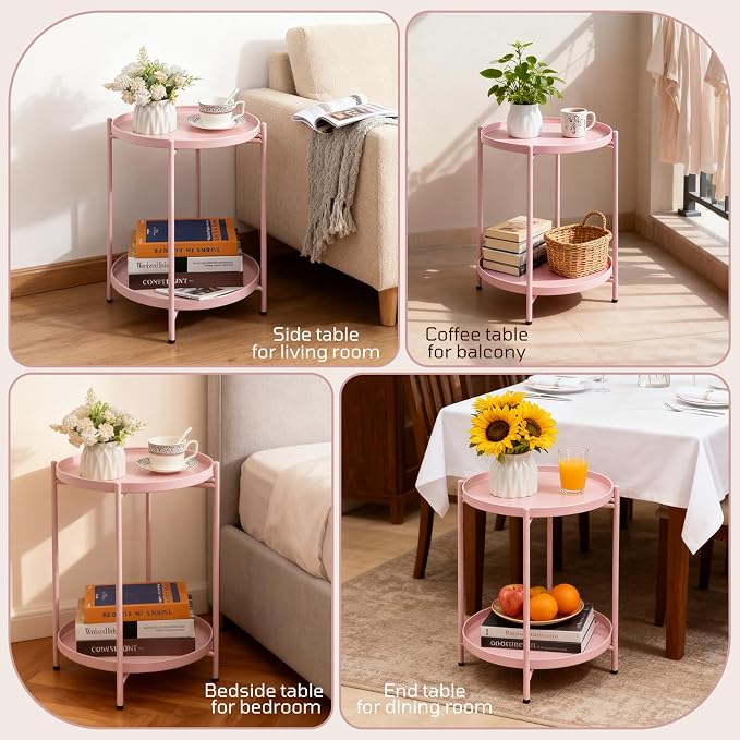 HollyHOME 2-Tier Round Side Table, Outdoor Small Folding Accent Stand - Image 5