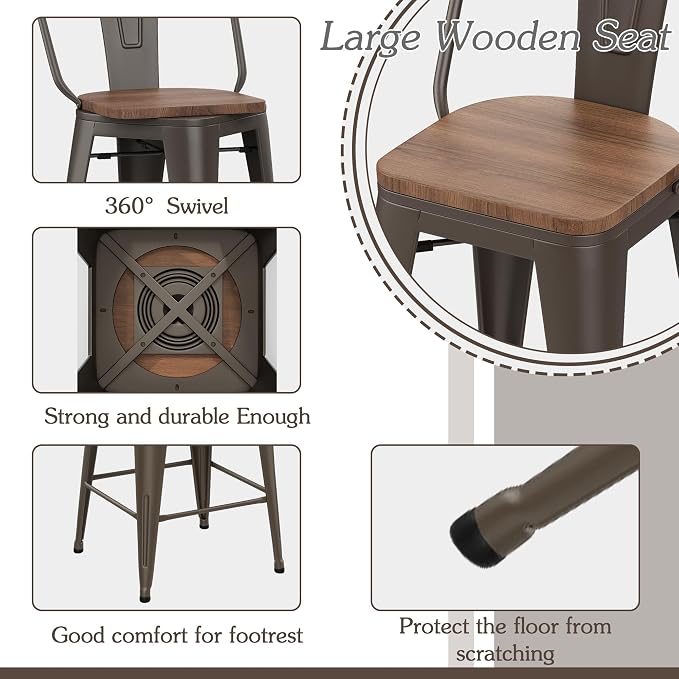Alunaune 24" Swivel Metal Counter Height Bar Stools Set of 4 High Back - Image 6