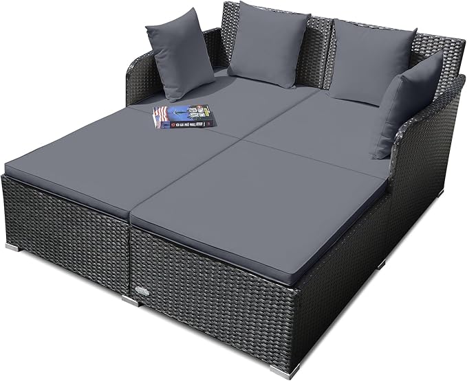 RELAX4LIFE Rattan Patio Outdoor Daybed, Wicker 2-Person Sunbed Loveseat by RELAX4LIFE