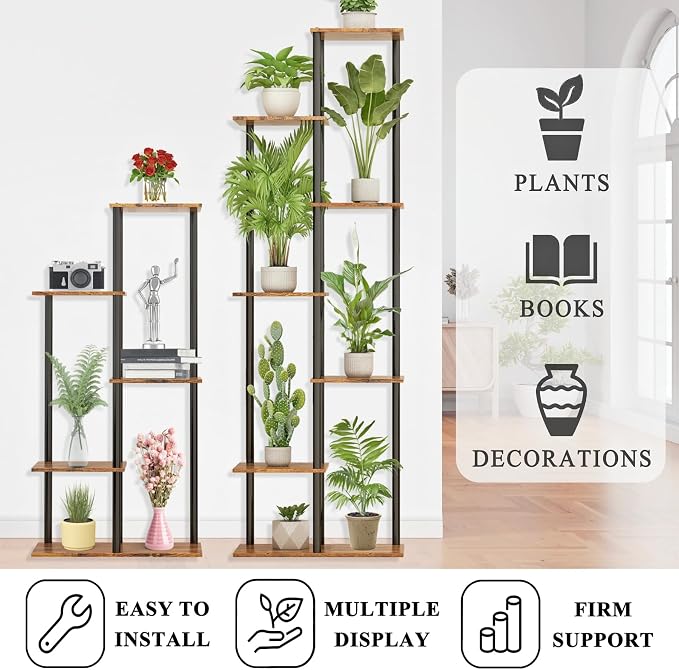 Plant Stand Indoor 5 Tier 6 Potted Metal Wood Plant Shelf, Rustic Brown - Image 5