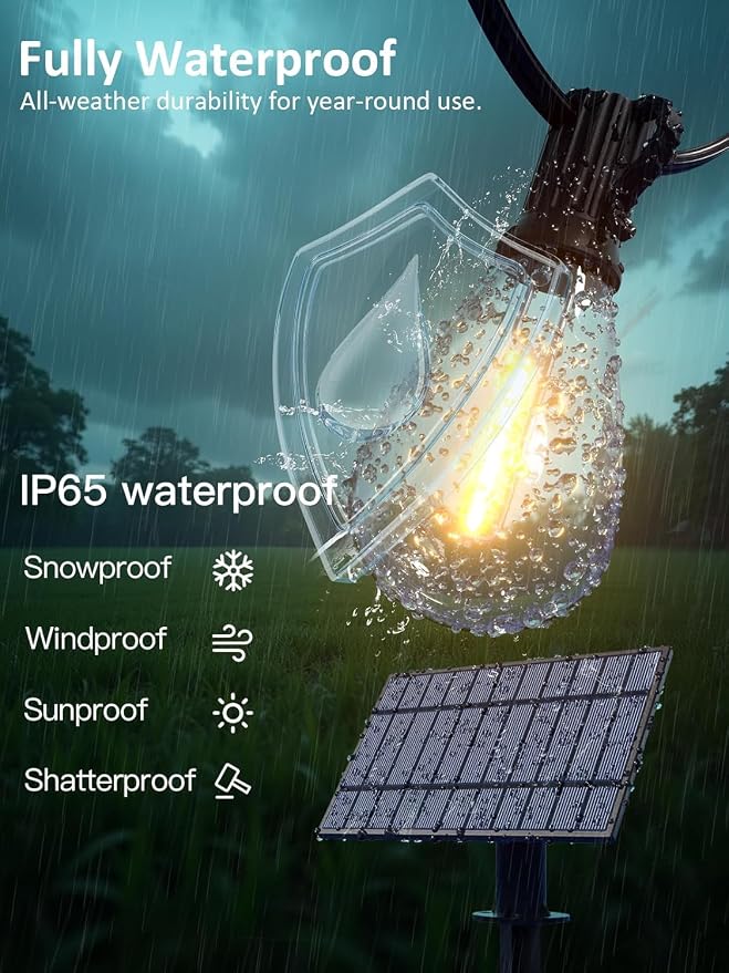 luckystyle 30FT Solar String Lights Outdoor Waterproof 2200K - Image 6