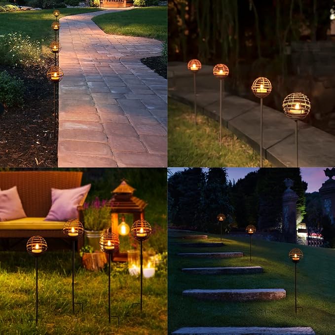 Solar Pathway Lights Outdoor, Rust Iron Ball Candle Holder Stake - Image 6