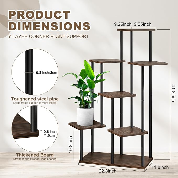 7 Tier Plant Stand Indoor, Thickened Metal Wood Corner Plant Shelf Stands - Image 2