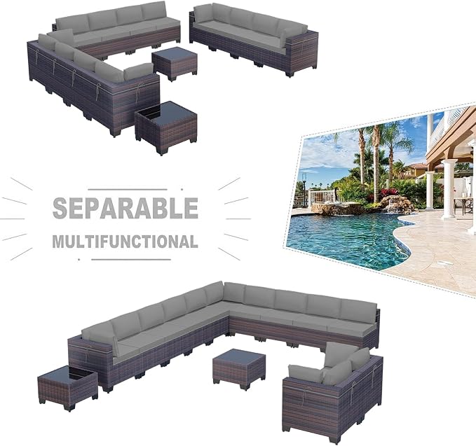 Kullavik 14 Pieces Outdoor Patio Furniture Set PE Wicker Rattan Sectional Sofa - Image 5