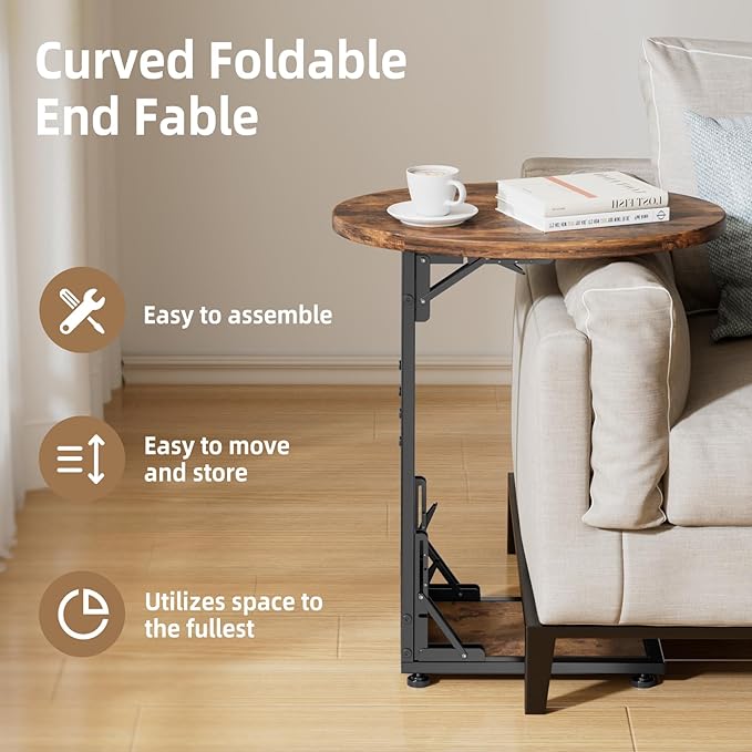 Elbourn Folding Side Table End Couch Tables, Metal Frame C-Shaped TV Stand - Image 5