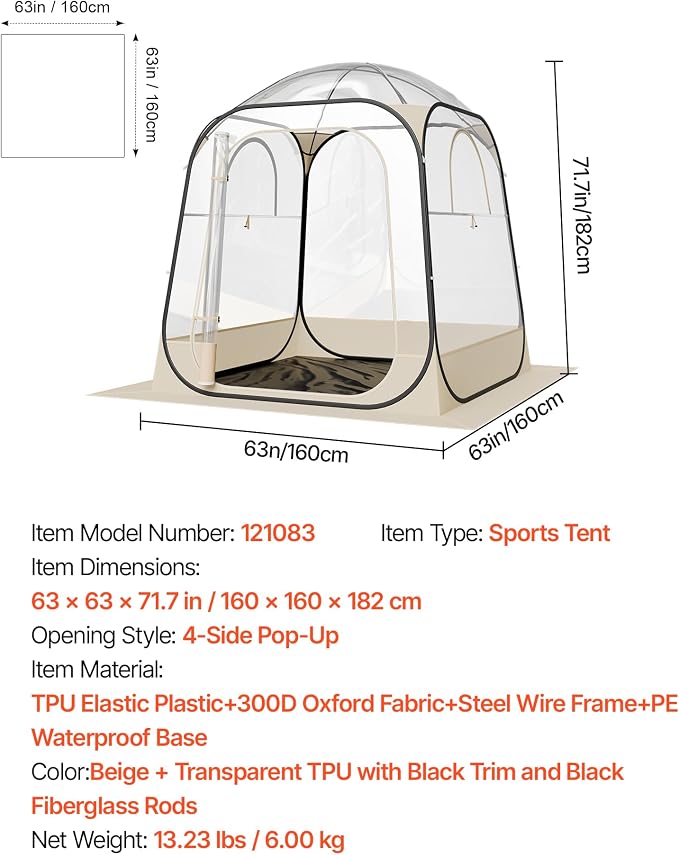 VEVOR Pop up Sports Tent, 8 Sizes Optional Clear Bubble Tent - Image 7