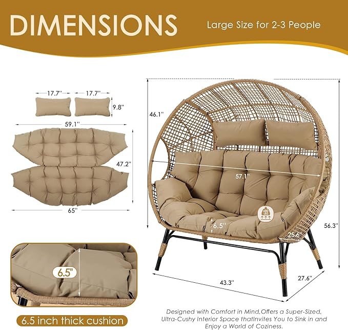 NICESOUL® Double Egg Chair Indoor Outdoor Stationary Oversized 6.5" Thick - Image 3