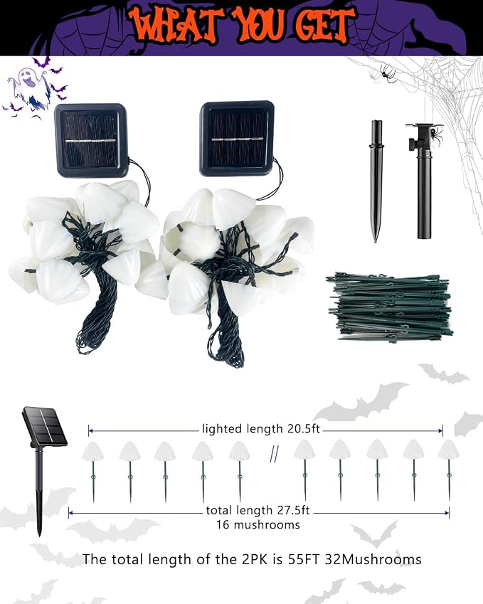 OZS 2PK 55FT 32LED Halloween Orange Purple and Green Solar Mushroom Lights - Image 5