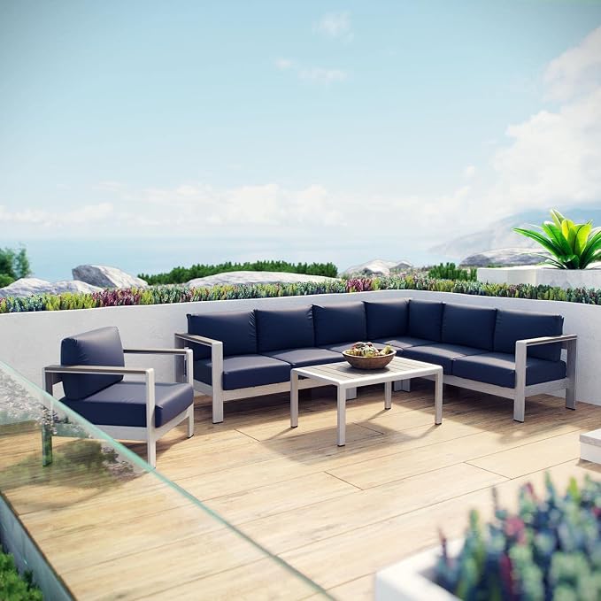 Modway Shore 6-Piece Aluminum Outdoor Patio Sectional Sofa Set in Silver Navy - Image 2