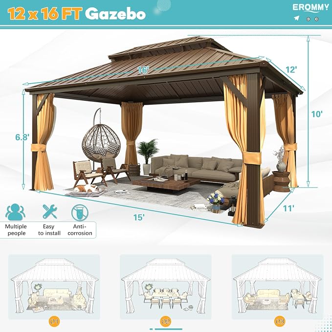 EROMMY 12' x 16' Hardtop Gazebo, Aluminum Frame Gazebos - Image 2
