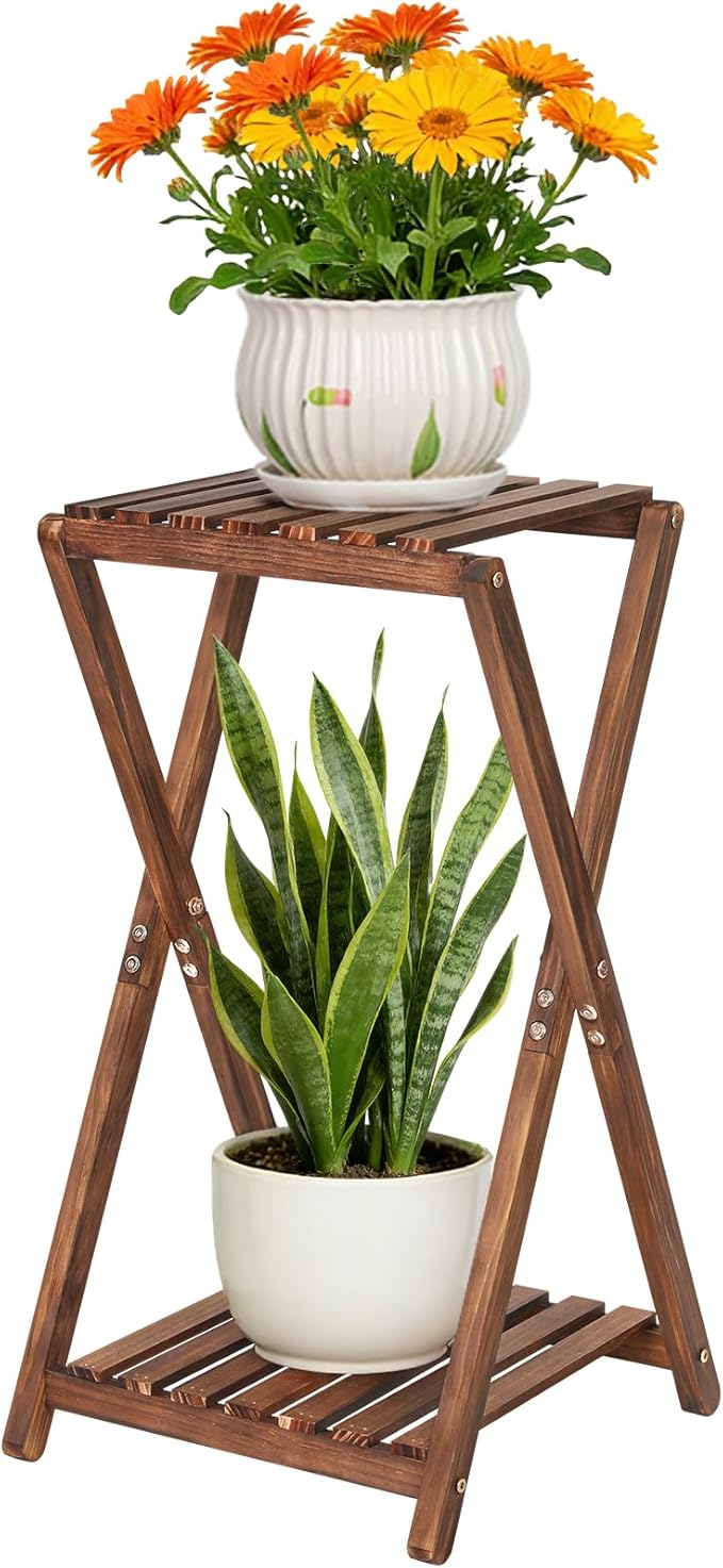 Tall Plant Stand Indoor, Wooden 2 Tier Plant Shelf by Jotboom