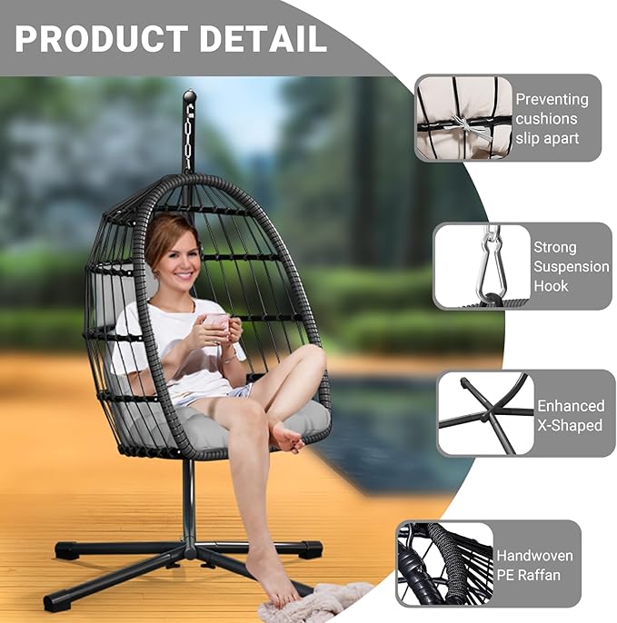CHABATREE Egg Chair with Stand, Patio Rattan Wicker Hanging Swing Egg Chair - Image 5