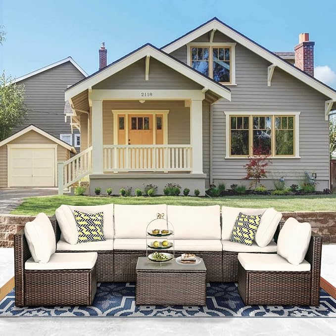 PayLessHere Patio Furniture Set 7 Pieces Outdoor Furniture Wicker Conversation by PayLessHere