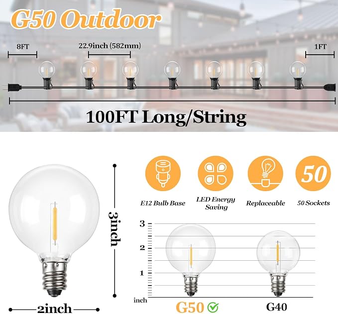 Bosceos 100ft Outdoor G50 LED Globe String Lights Dimmable Waterproof - Image 5