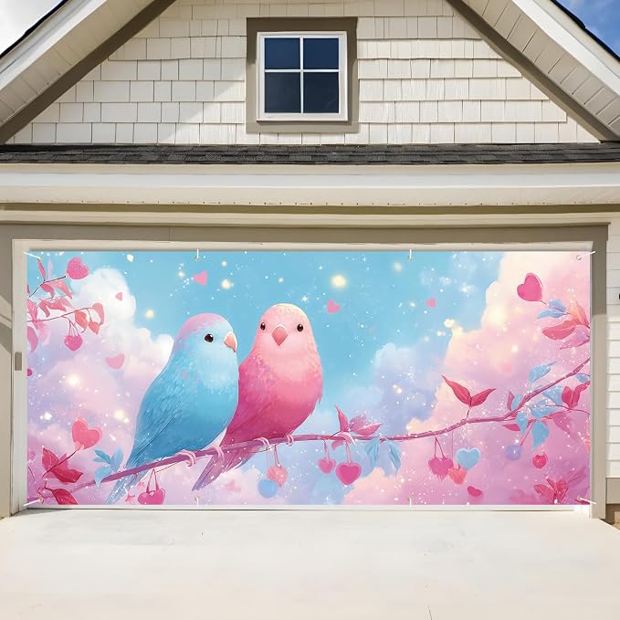 Birds Garage Door Banner 6x13FT, Cute Love Birds Garage Door Cover, Romantic by ANNAQUEEN