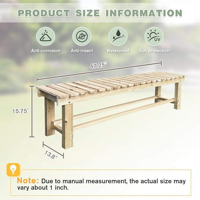 Outdoor Garden Bench, 3-Person Wood Patio Bench Weatherproof Outdoor Backless - Image 2