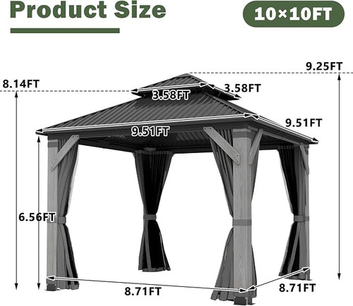 10'x10' Hardtop Wood Gazebo, Outdoor Double Roof Galvanized Steel Top Gazebo - Image 2