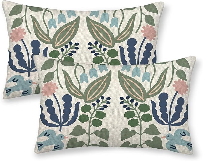 Navy Blue Boho Pillow Covers 12x20 Inch 2 Pcs Sage Green Floral Decor Throw by DAFENA