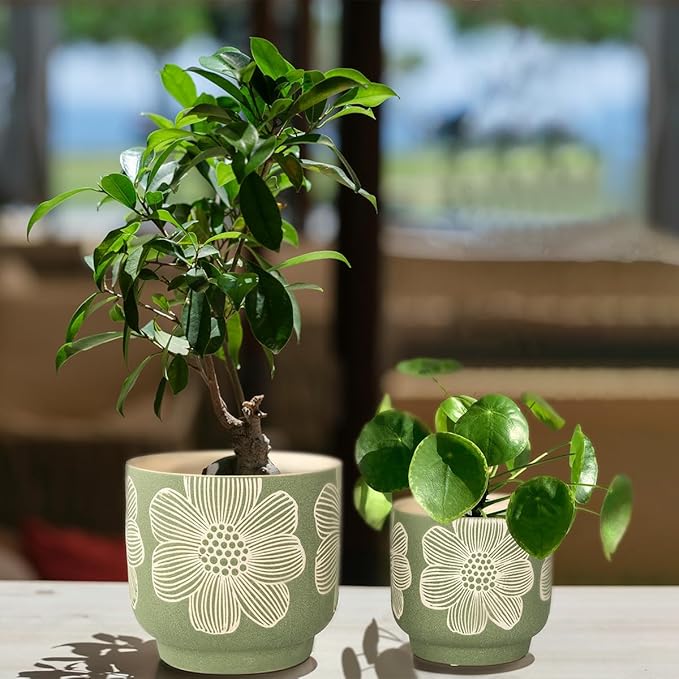 YBX 8 Inch + 6 Inch White Flower Pattern Plant Pots, Sand Glazed Ceramic Planter - Image 4