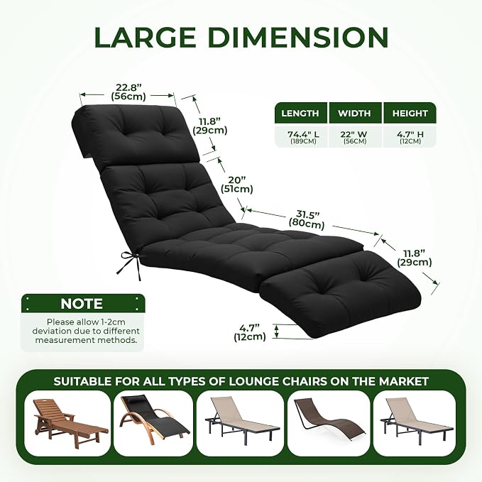 Outdoor Chaise Lounge Chair Cushion 74.4 x 22 x 4.7 Inches Non-Slip Lounge - Image 2