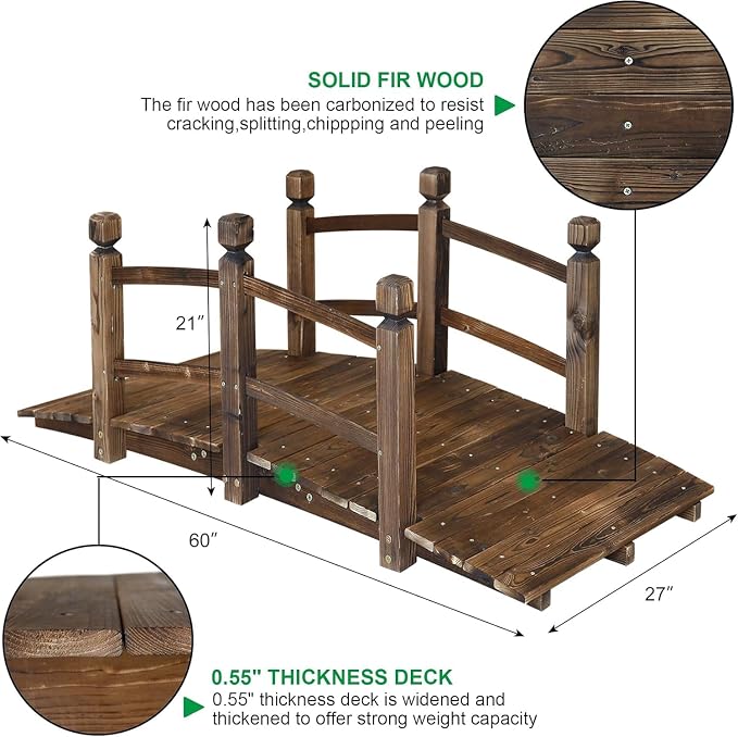 5FT Wooden Garden Bridge Arch Stained Finish Footbridge Decorative Backyard - Image 3