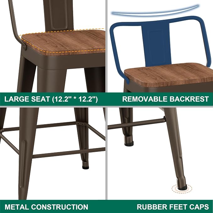 WENTMENT Industrial Rusty Bar Stools Set of 4, Wooden Seat, Removable Back - Image 6