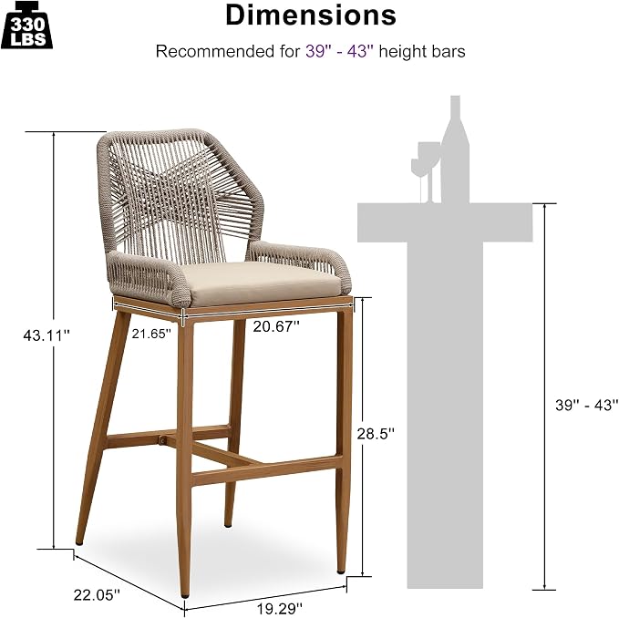 PURPLE LEAF Patio Bar Stools 28" H Set of 4 Handwoven Wicker Bar Height Stool - Image 3