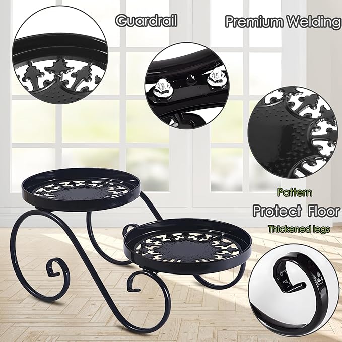 2 Tier Black Plant Stand, Metal Flower Stand Indoor Outdoor, Anti-Rust Iron - Image 3