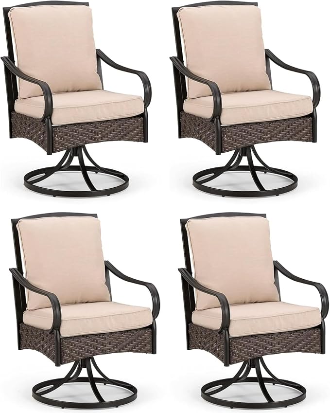 PHI VILLA Outdoor Swivel Chairs Set of 4, Heavy Duty Metal Wicker Dining Chairs by PHIVILLAThepioneerofcomfortablehouseholdsupplies