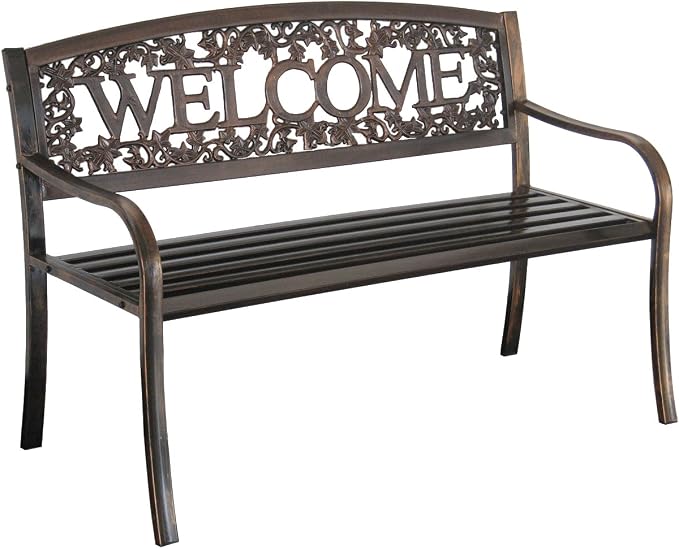 Leigh Country Metal Outdoor Bench, Welcome Design, Decorative Patio Seating by LeighCountry
