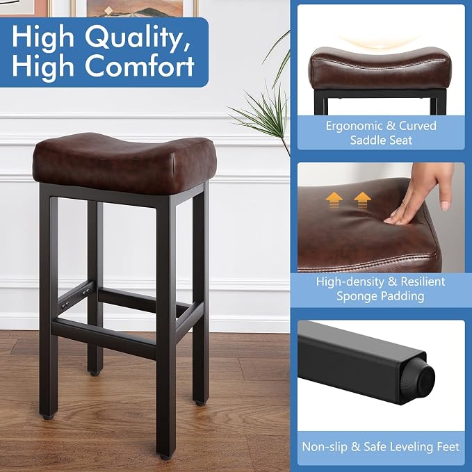 29 Inch Bar Height Bar Stools Set of 2, Backless Bonded Leather Bar Height - Image 3