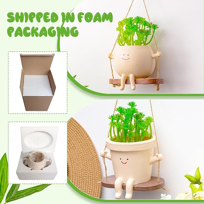 Domensi 2 Pcs Swing Hanging Planter Cute Smile Flower Face Pot Indoor Outdoor - Image 6