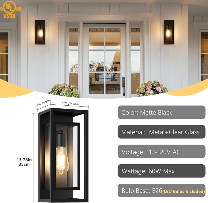 Outdoor Wall Light Fixtures, Waterproof Black Exterior Sconce Porch Lights - Image 2